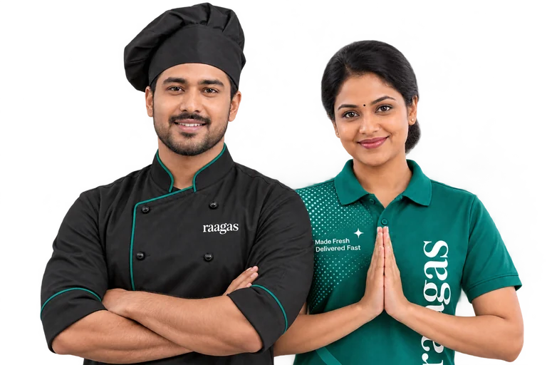 A chef and a woman standing side by side in raagas uniforms